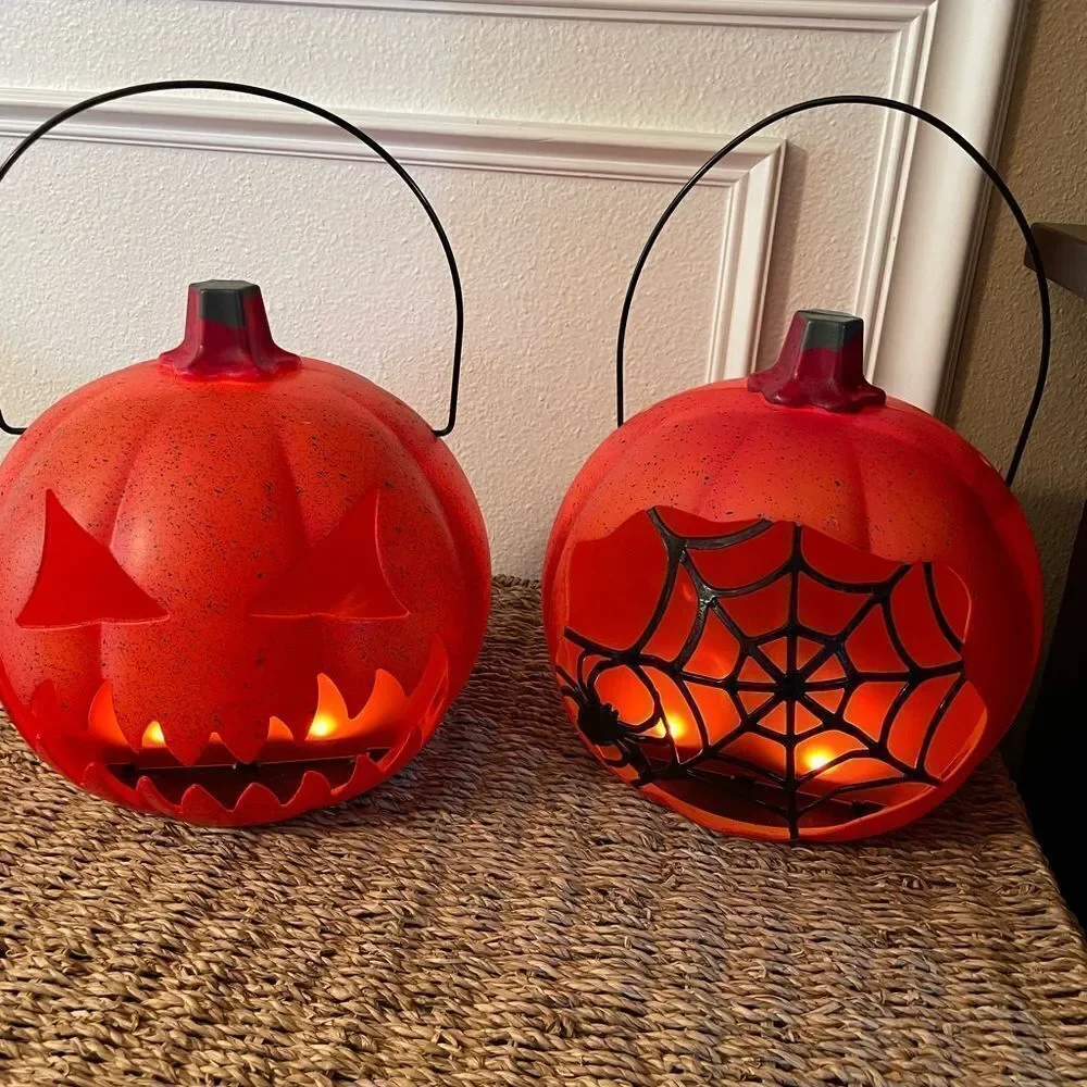 Holiday Home LED Fire Pumpkins Spider Web Design set of 2!